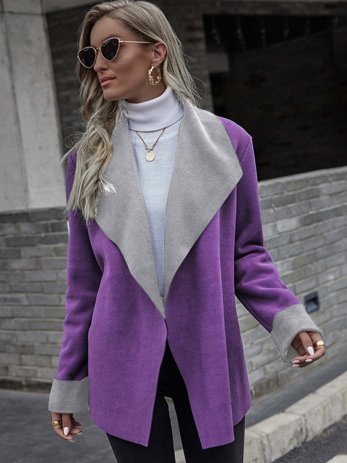 Notch-lapel Contrast-color Long-sleeve Wool Blazer by Ricaloux