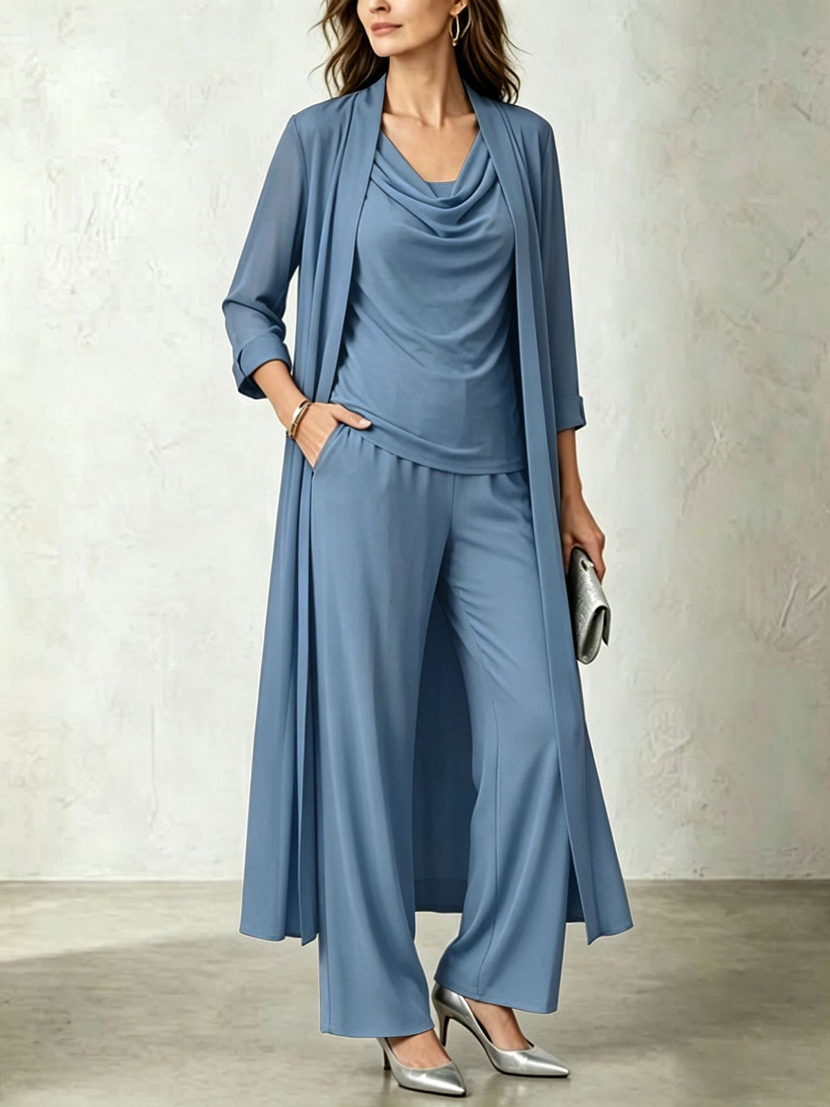 Womens Long Cardigan Jacket And Pants Three-piece Set by Ricaloux