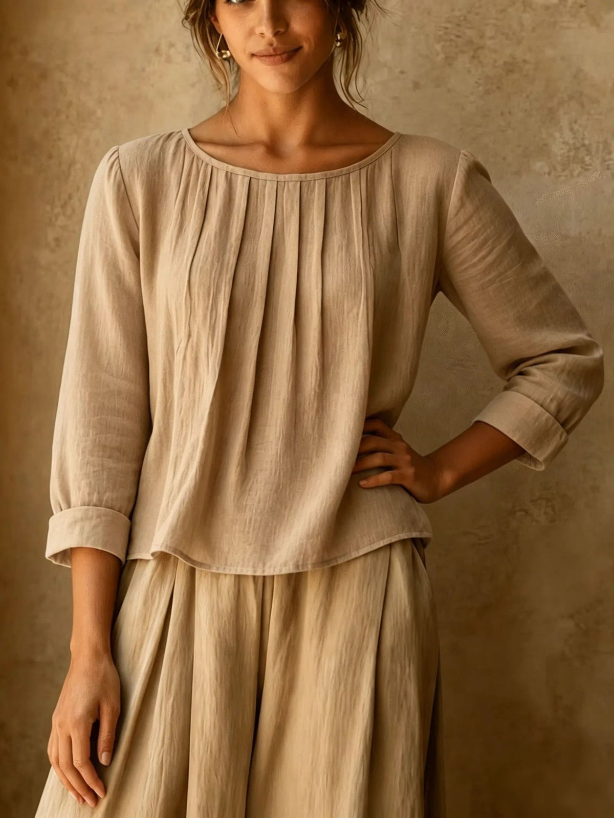 Womens Cotton-linen Top Loose-fit Round-neck Shirt by Ricaloux