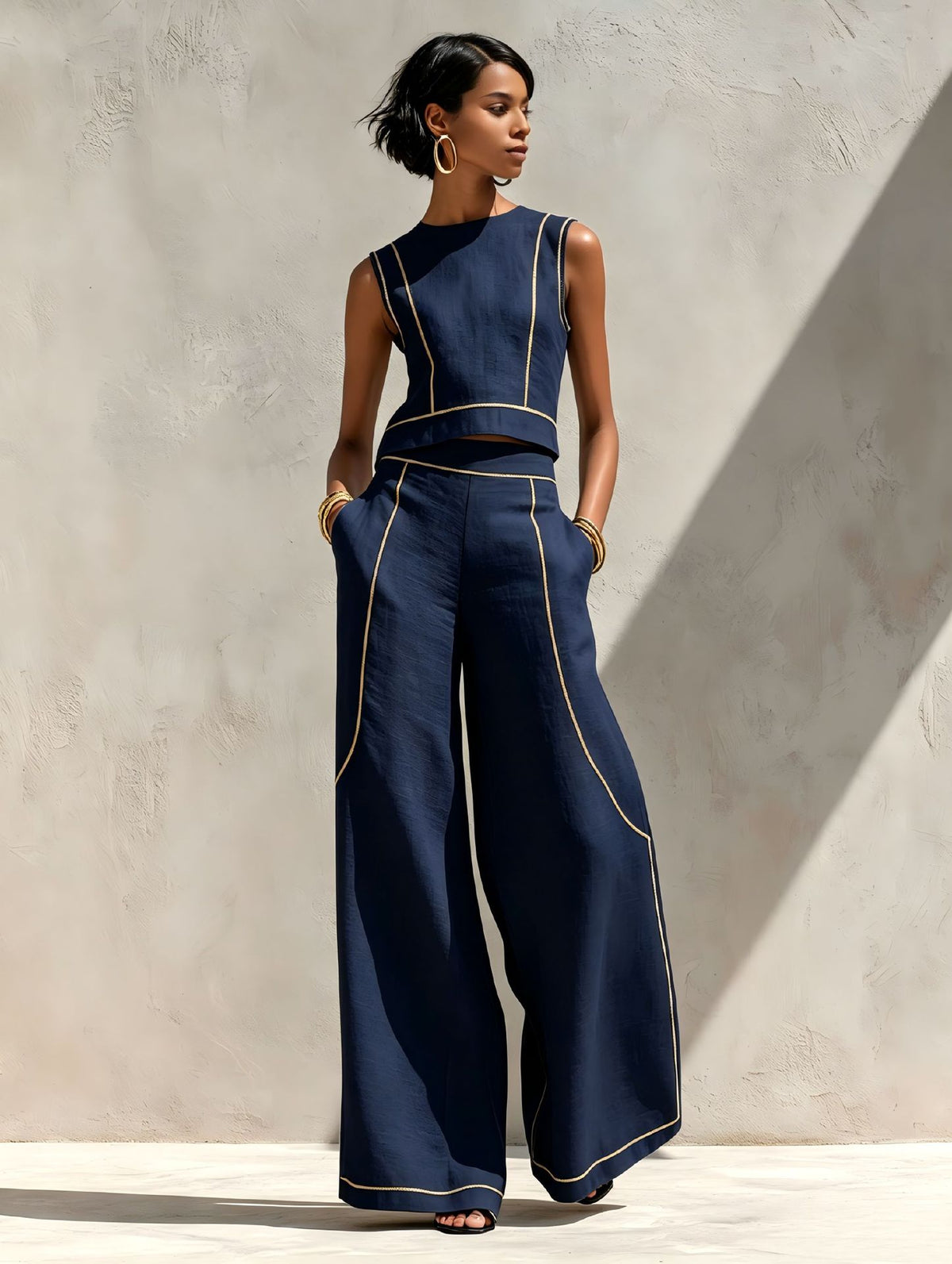 Sleeveless Color-Block Wide-Leg Pants Set Womens Summer Casual Chic Two-Piece Outfit by Ricaloux