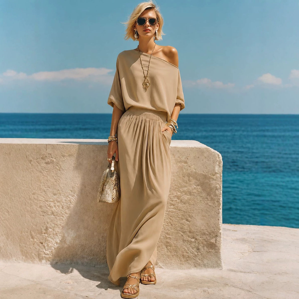 Womens Resort-Style Casual Off-Shoulder Long-Sleeve Top And Elastic-Waist Midi Skirt Set by Ricaloux