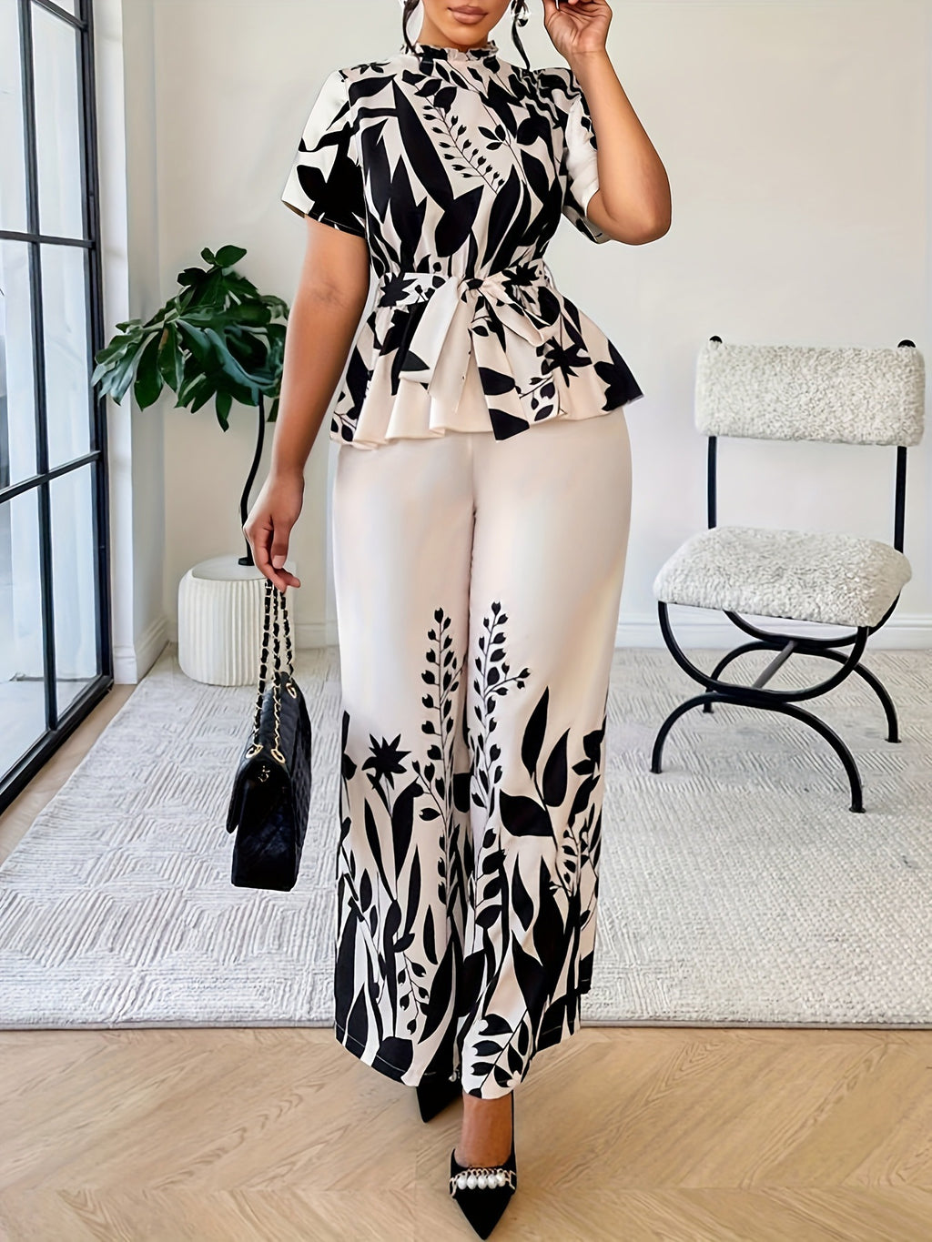 Elegant And Chic Two-piece Set With A Cinched Waist And Bow Detail by Ricaloux