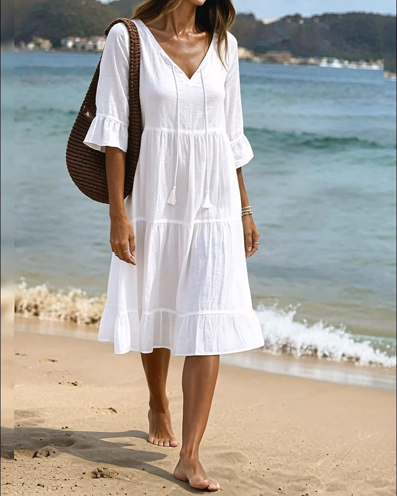Ruffled Loose-fit Beach Midi Dress by Ricaloux