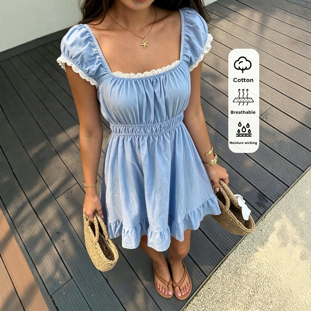 Summer French-Style Square-Neck Puff-Sleeve A-Line Dress For Women by Ricaloux