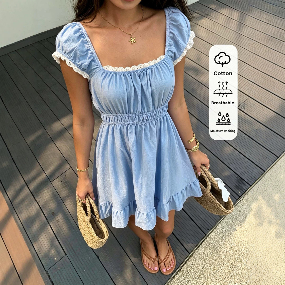 Summer French-Style Square-Neck Puff-Sleeve A-Line Dress For Women by Ricaloux