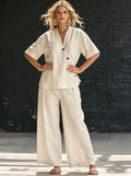 Womens V-neck Short-sleeve T-shirt And High-waisted Trousers Set by Ricaloux