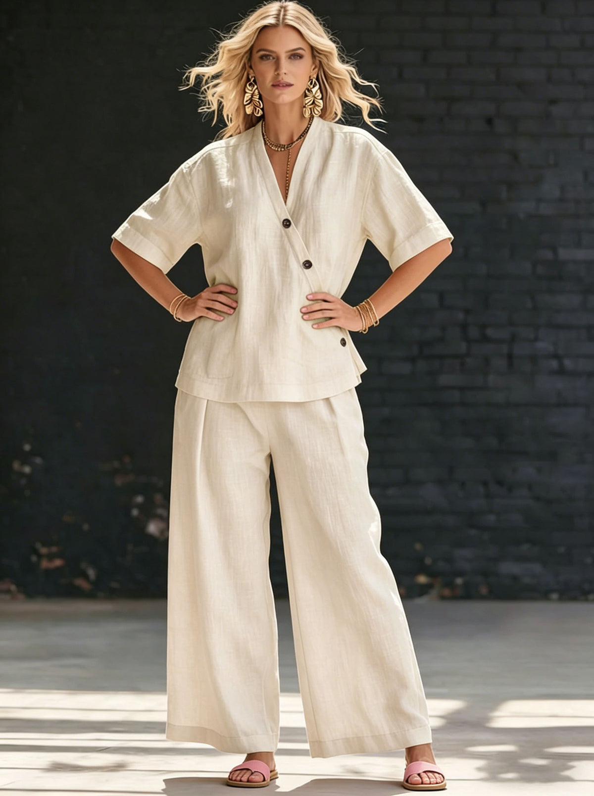 Womens V-neck Short-sleeve T-shirt And High-waisted Trousers Set by Ricaloux