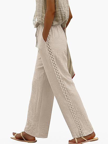 Womens Drawstring-waist Patchwork-lace Casual Loose-fitting Wide-leg Pants With Pockets – Premium 0 | RICALOUX