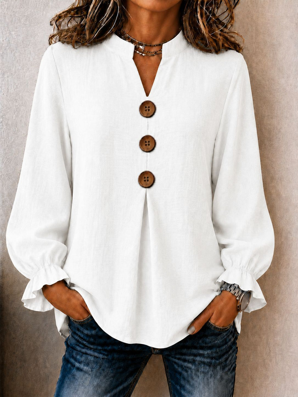 New Womens Fashion Long-sleeve V-neck Solid-color Button-up Top For Fall And Winter by Ricaloux
