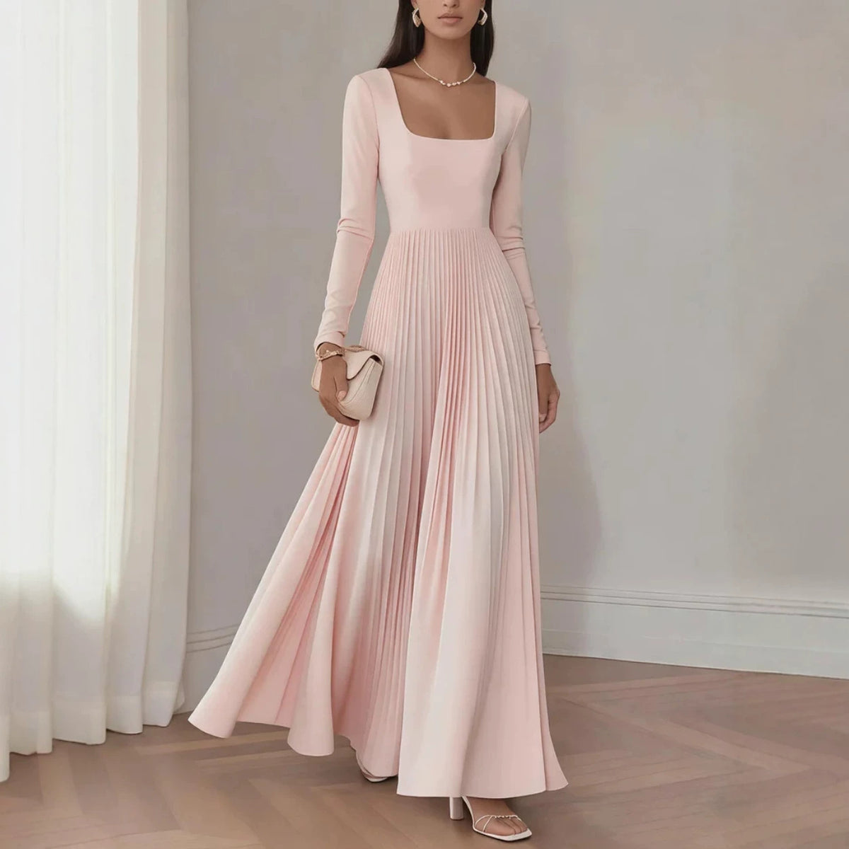Womens Square-neck Long-sleeve Waist-cinching Pleated Dress – Premium 0 | RICALOUX