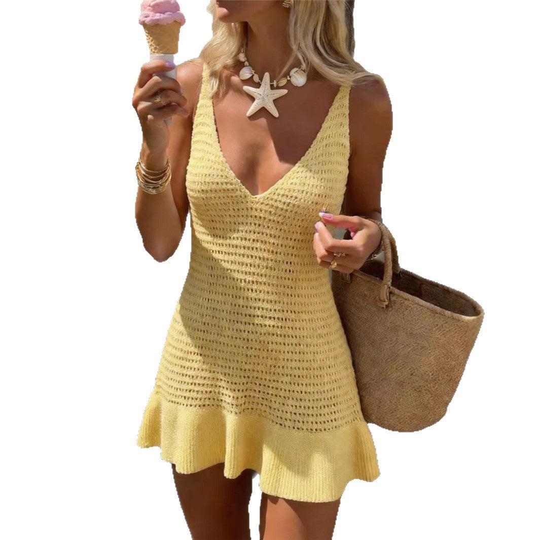 Womens Solid-color Sleeveless V-neck Dress With A Flounced Hem – Premium 0 | RICALOUX