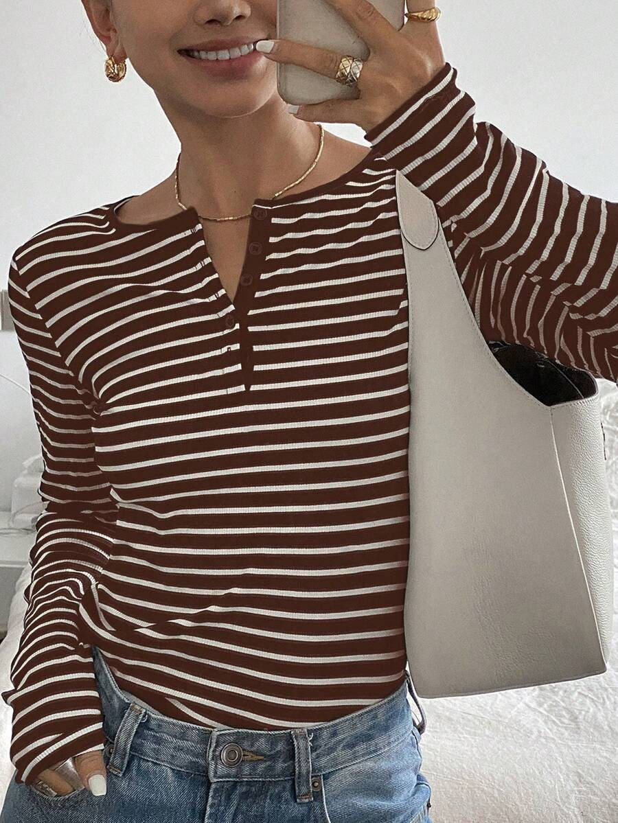 Striped Loose-Fit Long-Sleeve T-Shirt Casual Fashion Top For Women – Premium 0 | RICALOUX