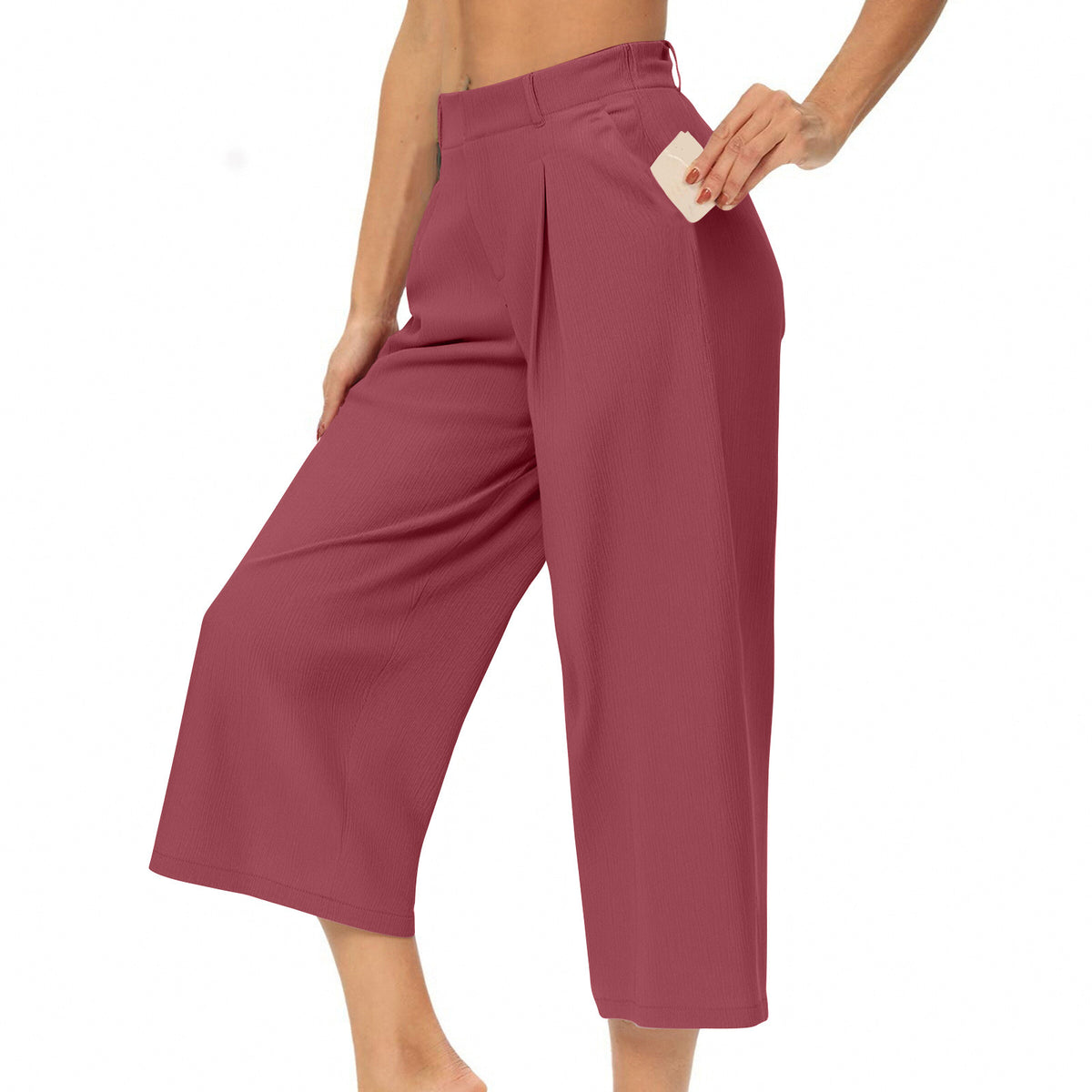 Womens Summer Solid-Color Casual High-Waisted Wide-Leg Cropped Trousers With Side Pockets by Ricaloux