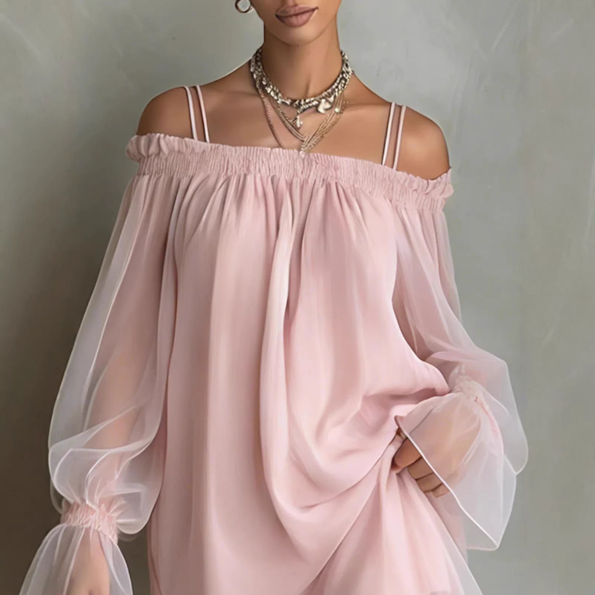 Sexy Sweet Double Strap Vestidos Off Shoulder Dress For Women Vestido Fairy Mini Loose Dresses Summer New Sheer Mesh Long Sleeve by Ricaloux