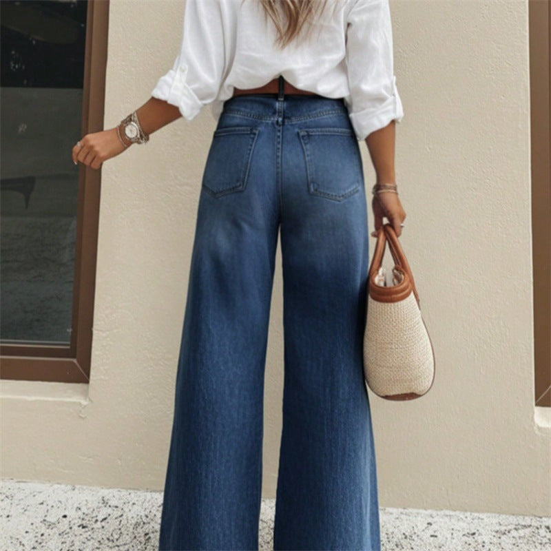 New American-style Loose-fitting High-waisted Figure-flattering Flared Wide-leg Denim Pants That Drag On The Floor by Ricaloux