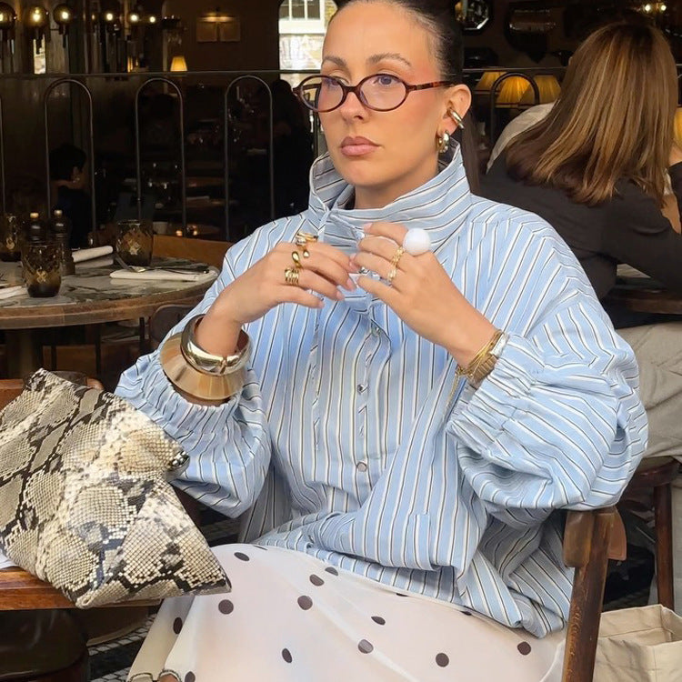 Fashionable Stand-Neck Striped Shirt For Women by Ricaloux