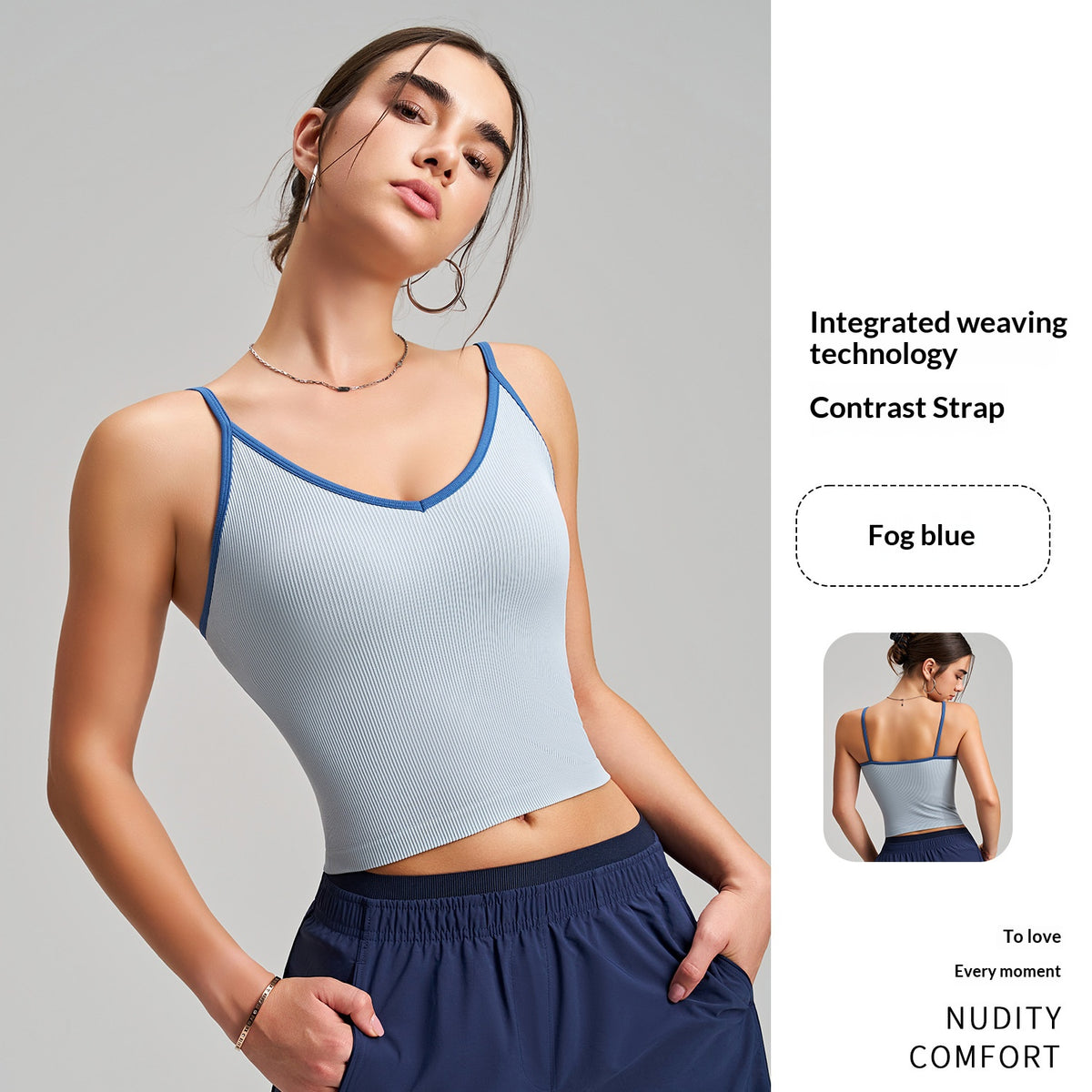 Color-block V-neck Camisole With Built-in Padded Cups, Color-block Straps, Wearable As Outerwear, Sports Tank Top For Pilates And Yoga With Back-flattering Design by Ricaloux