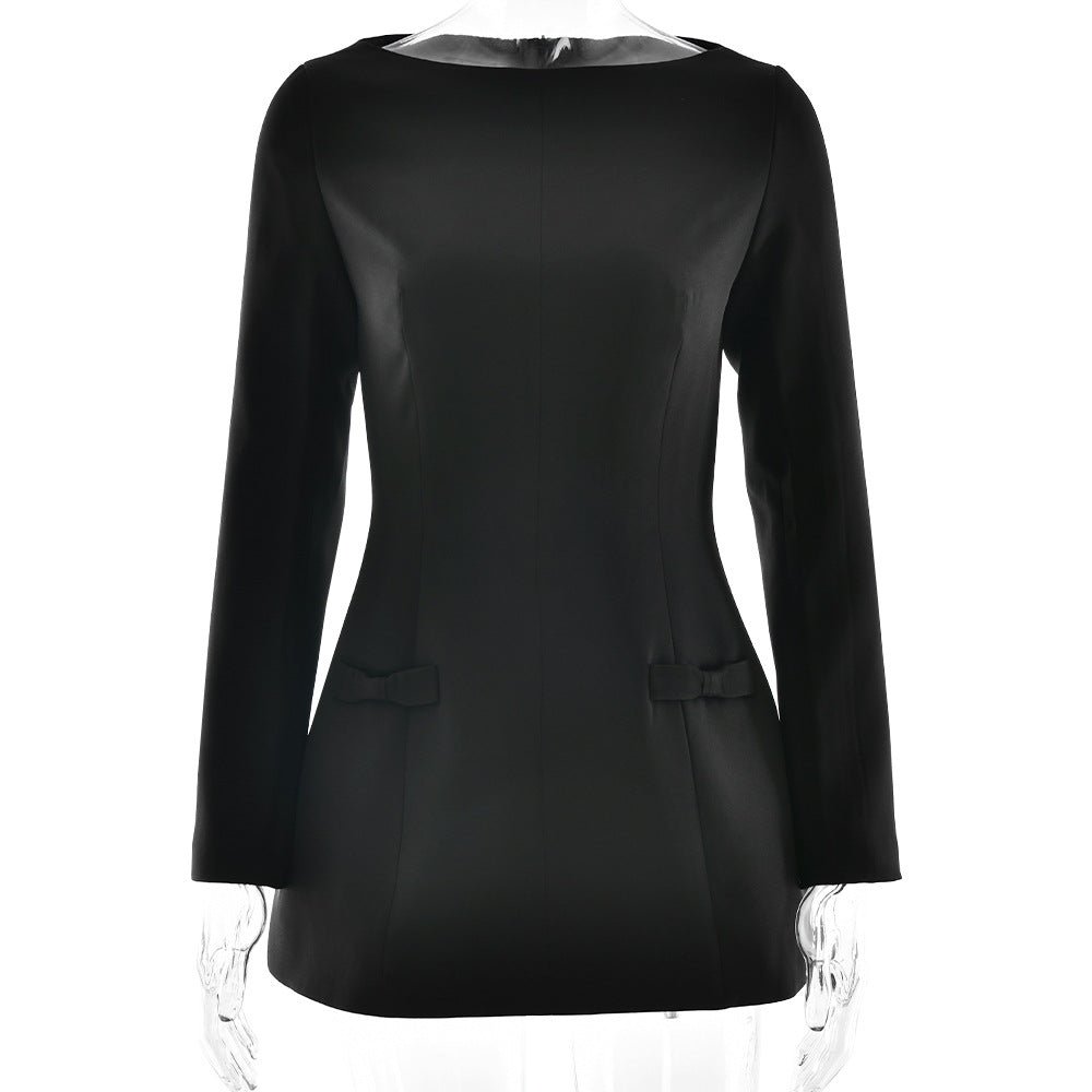 Sexy Elegant Boat Neck Long Sleeve A- Line Bow Dress - RICALOUX