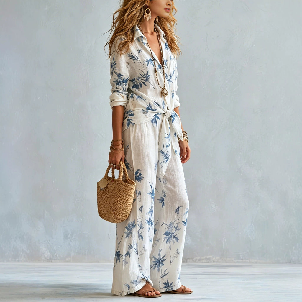 Bohemian Style Belted Resort Style Shirt And Wide Leg Pants Set For Women – Premium 0 | RICALOUX