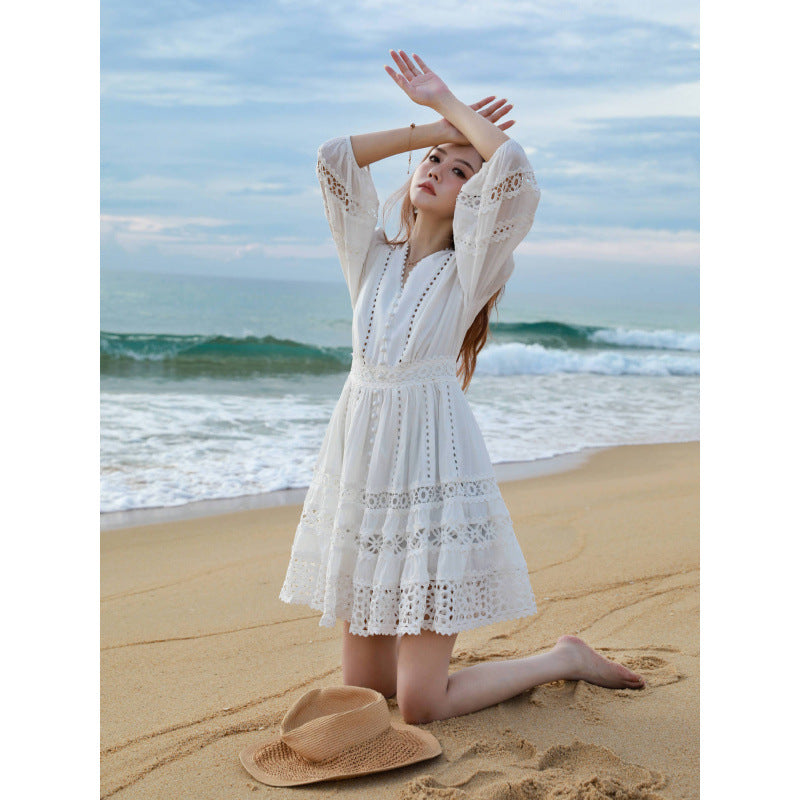 White Lantern-sleeve V-neck Dress – Premium 0 | RICALOUX