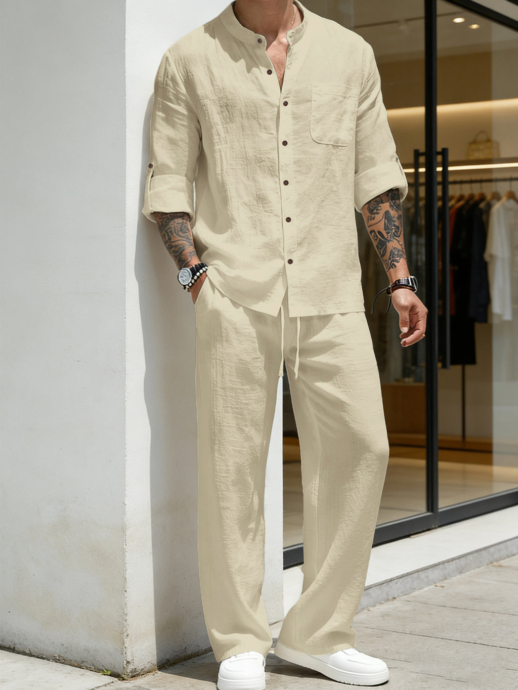 Mens Solid-Color Linen Long-Sleeve Shirt And Pants Two-Piece Set – Premium 0 | RICALOUX