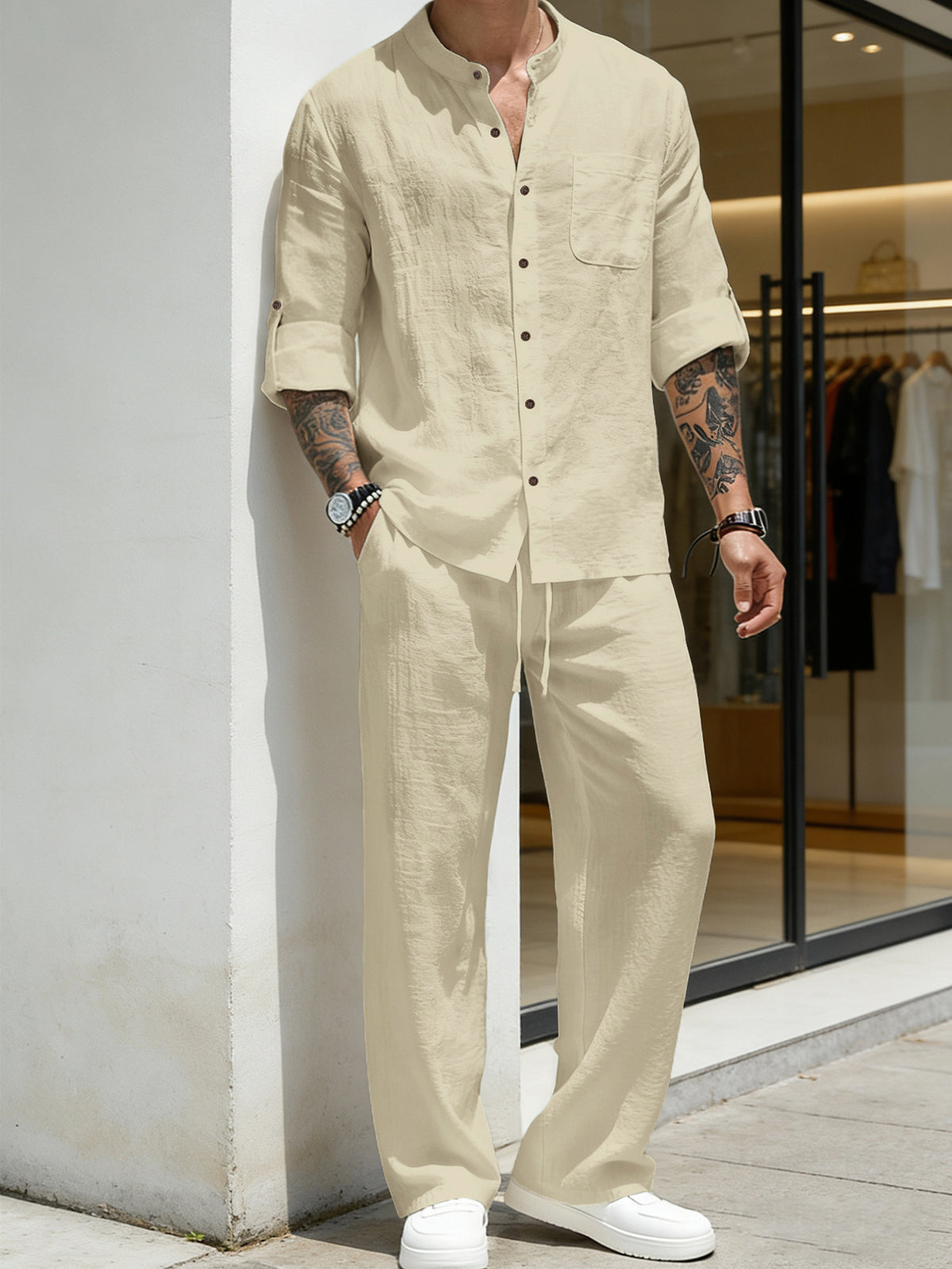 Mens Solid-Color Linen Long-Sleeve Shirt And Pants Two-Piece Set – Premium 0 | RICALOUX