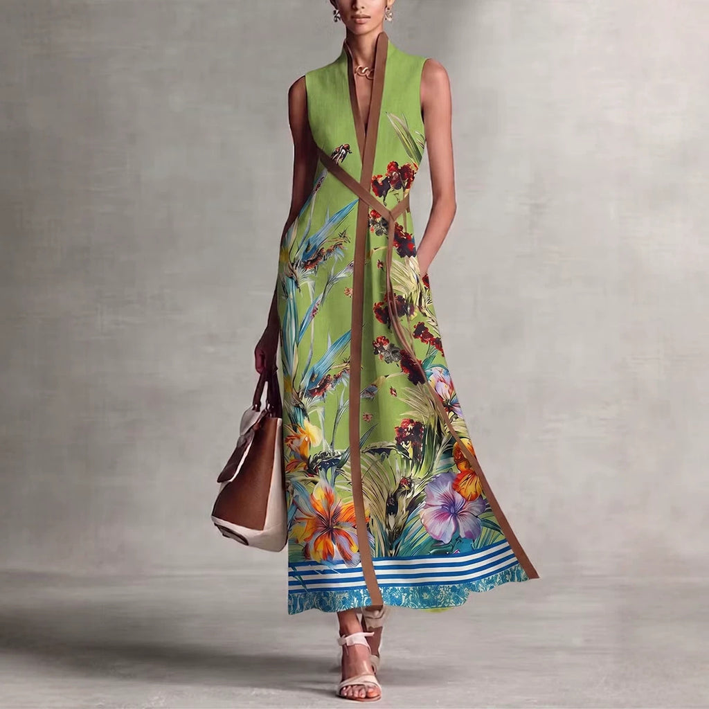 Sleeveless Long V-neck Printed Patchwork Dress by Ricaloux