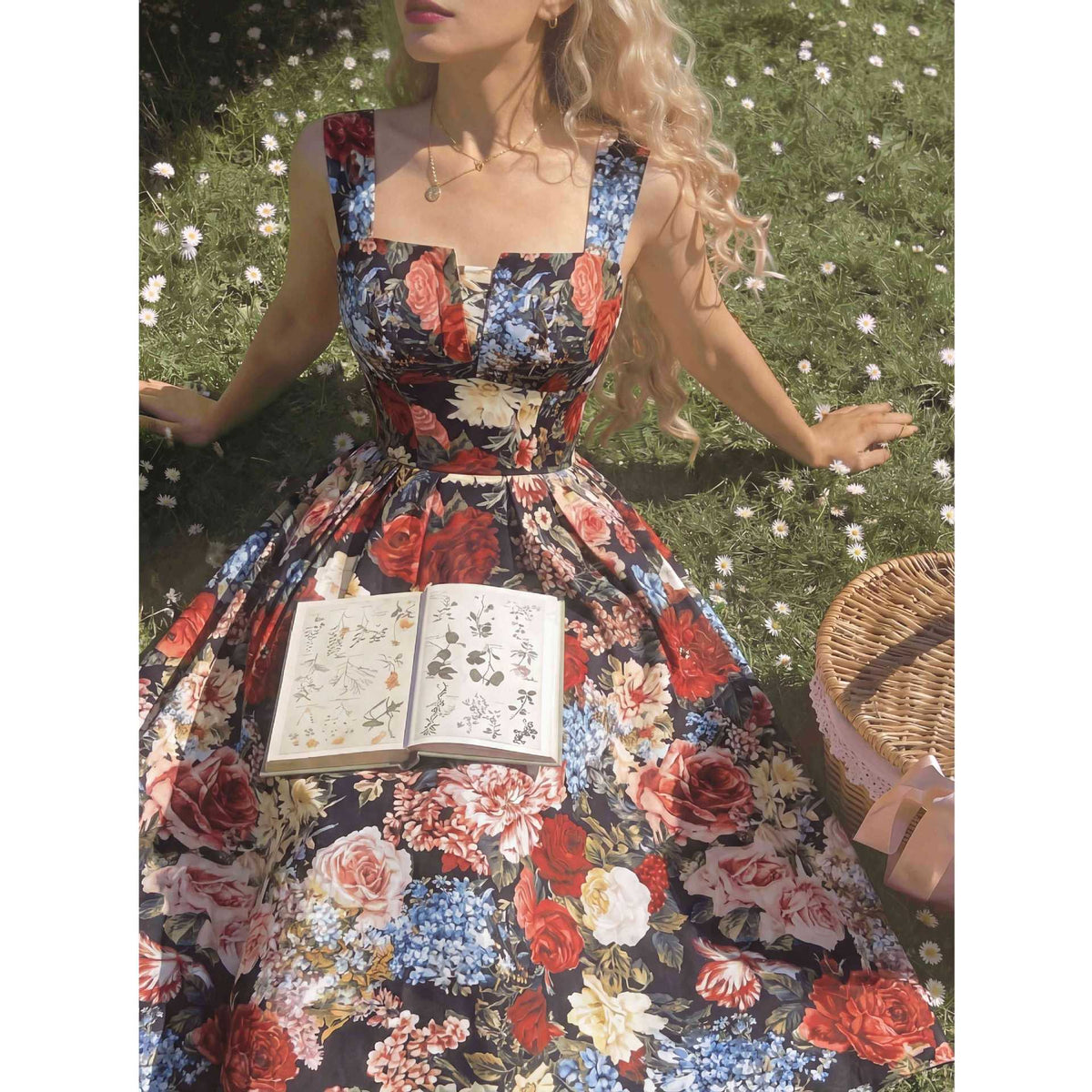 Long Cable-knit Dress With Blue And White Floral Print – Premium 0 | RICALOUX