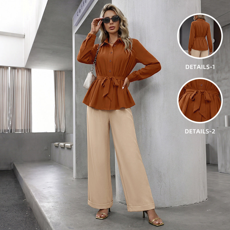 Womens SolidColor DefinedWaist Pants Set For FallWinter by Ricaloux