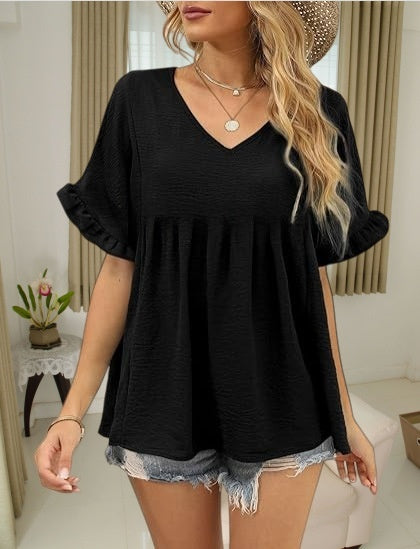 Solid-color Casual Short-sleeve Shirt For Women by Ricaloux