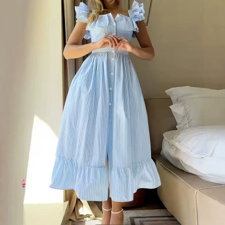 Buttoned Striped Dress With Puff Sleeves And Ruffled Hem – Premium 0 | RICALOUX