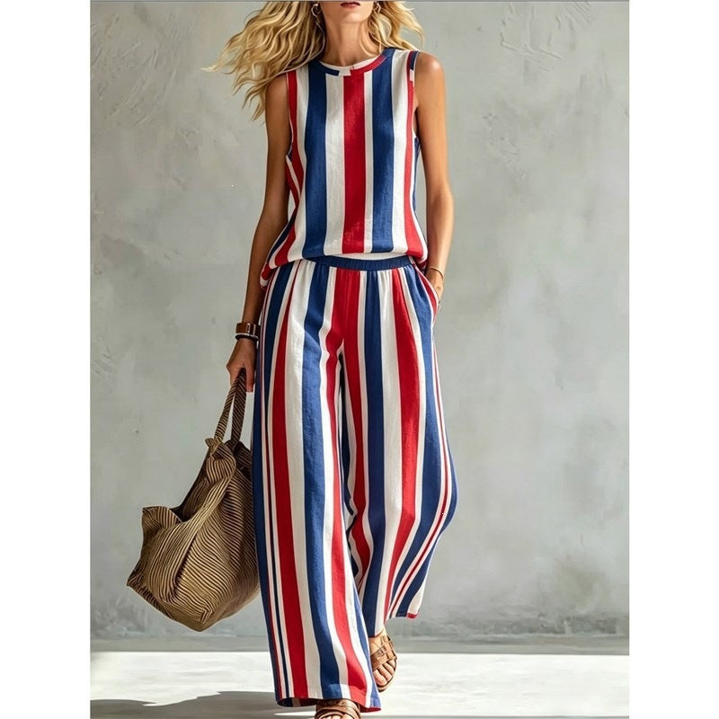 New-style Rainbow Tie-dye Sleeveless Crew-neck Top And Wide-leg Pants Womens Casual Two-piece Set – Premium 0 | RICALOUX