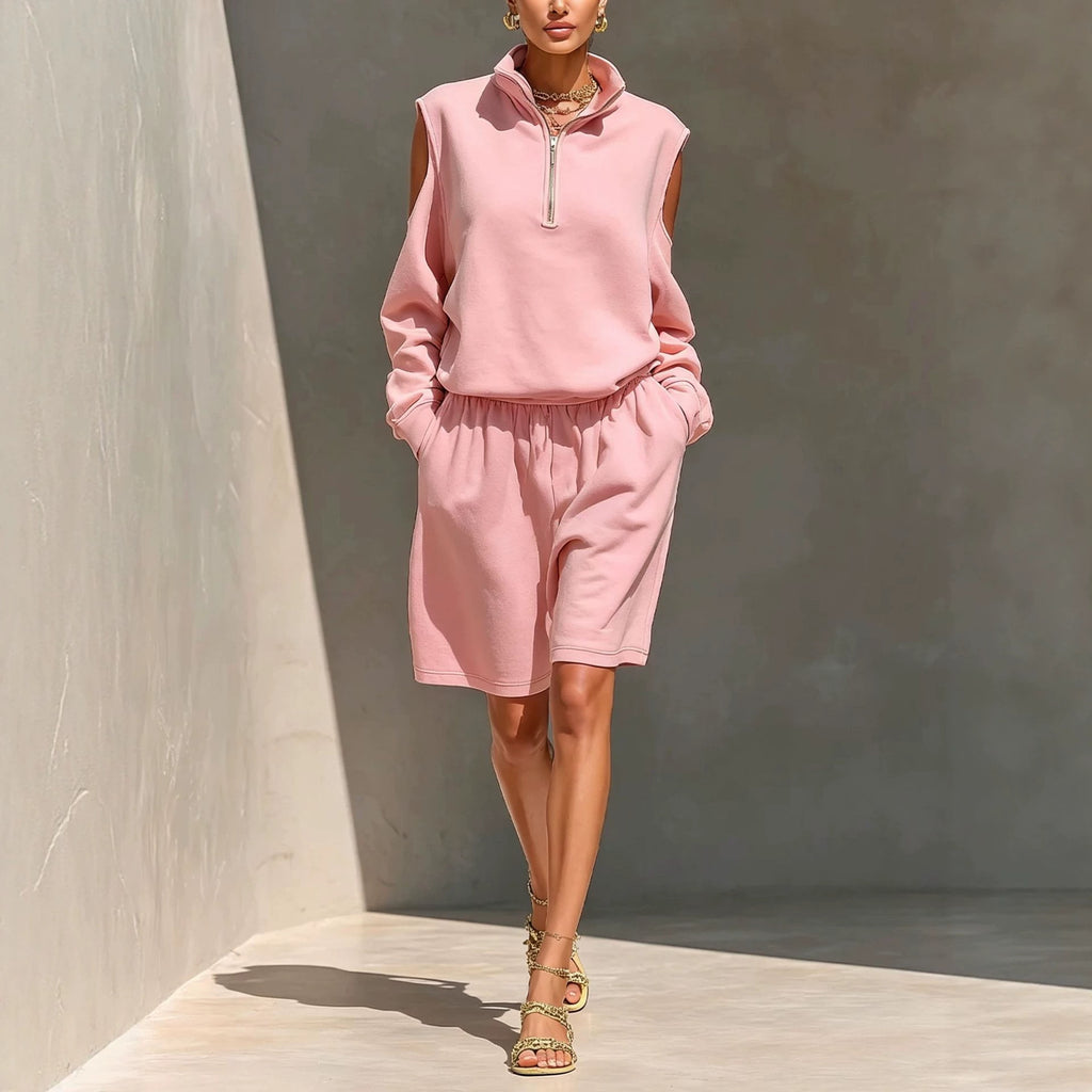 Half-zip Off-shoulder Sweatshirt And Relaxed-fit Shorts Set by Ricaloux