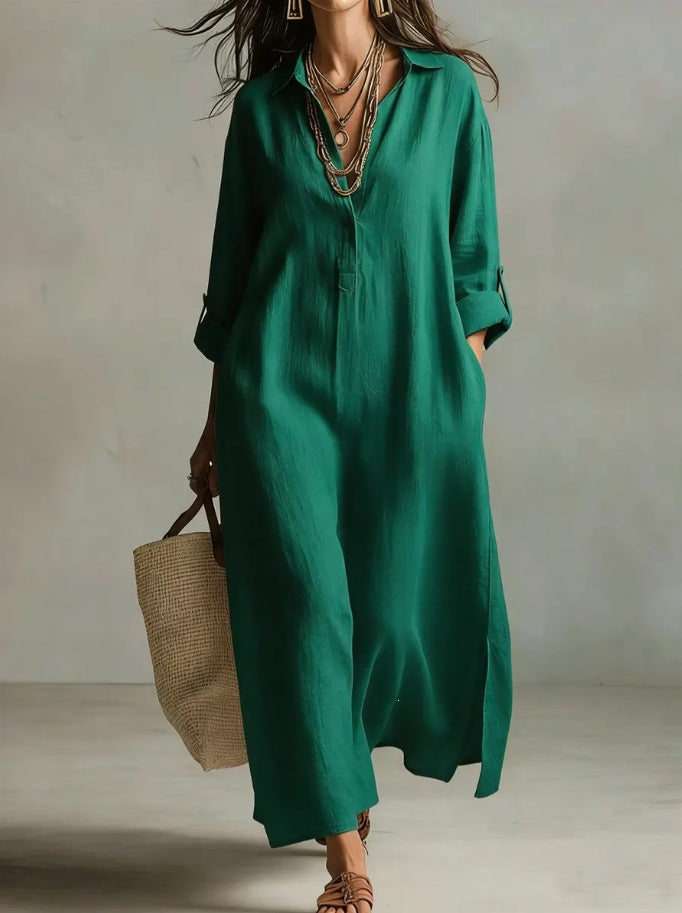 A Beige Linen Shirt Dress With A Relaxed French Vacation Vibe, Featuring A Turned-down Collar With A Half-placket, Rolled-up Sleeves, Side-slit Pockets, And A Long Shirt Dress Designperfect For Trave – Premium 4 | RICALOUX