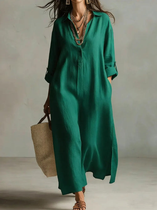 A Beige Linen Shirt Dress With A Relaxed French Vacation Vibe, Featuring A Turned-down Collar With A Half-placket, Rolled-up Sleeves, Side-slit Pockets, And A Long Shirt Dress Designperfect For Trave – Premium 4 | RICALOUX