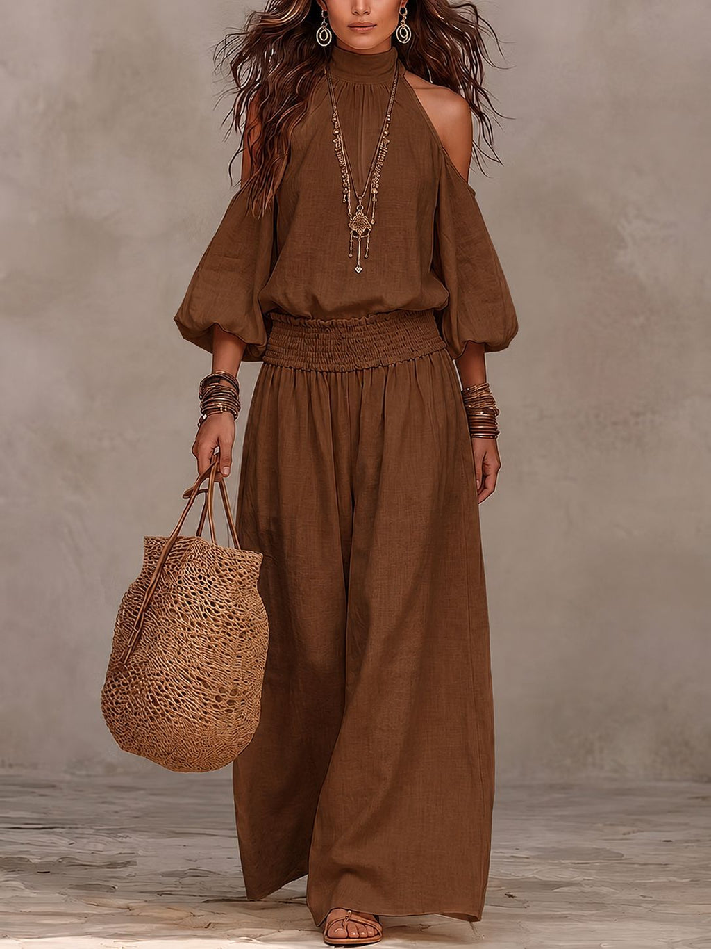 Womens Fashionable Casual Round-Neck Loose-Fit Long-Sleeve Hollow-Out Top And Pleated Pants Set by Ricaloux