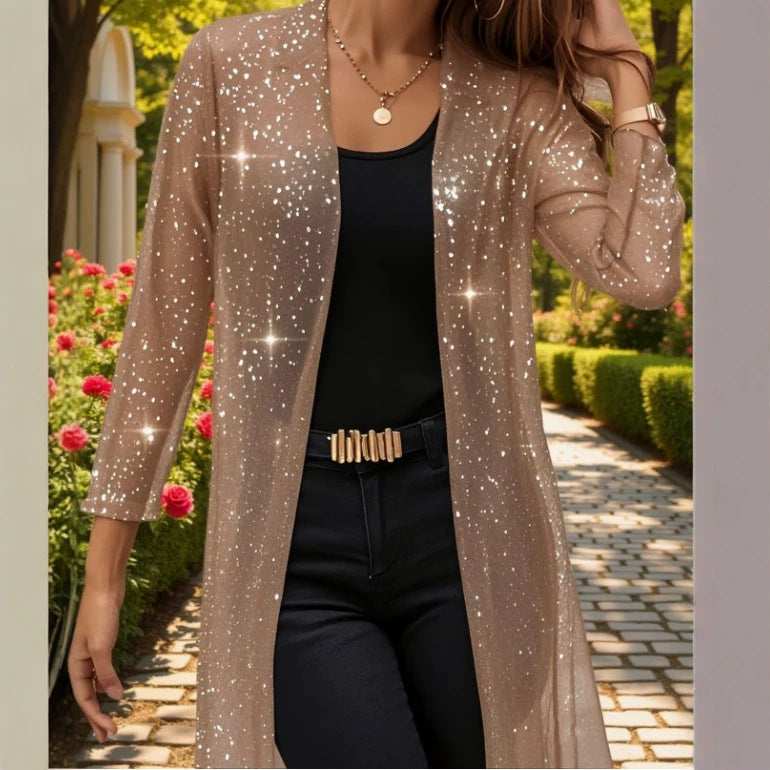 Elegant Semi-sheer Long Cardigan With Shimmering Mesh Detailing For Women by Ricaloux