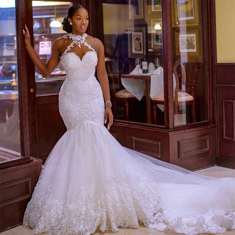 Vintage Lace Beaded Wedding Dresses Sheer Neck Mermaid Bridal Dresses Wedding Gowns - RICALOUX