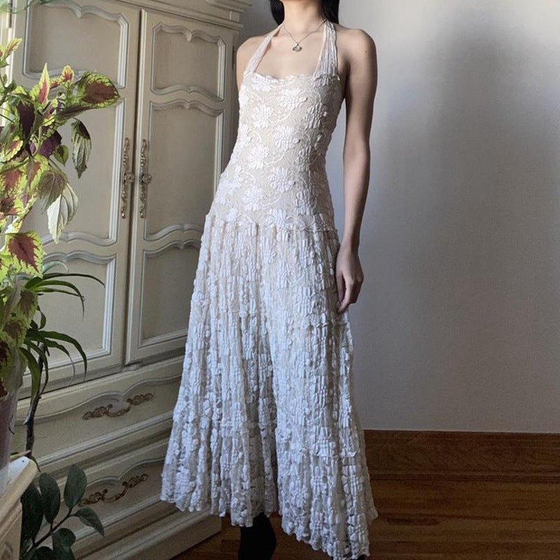 Temperament Pure Color Lace Stitching Sleeveless Halter Backless Lace-up Dress - RICALOUX