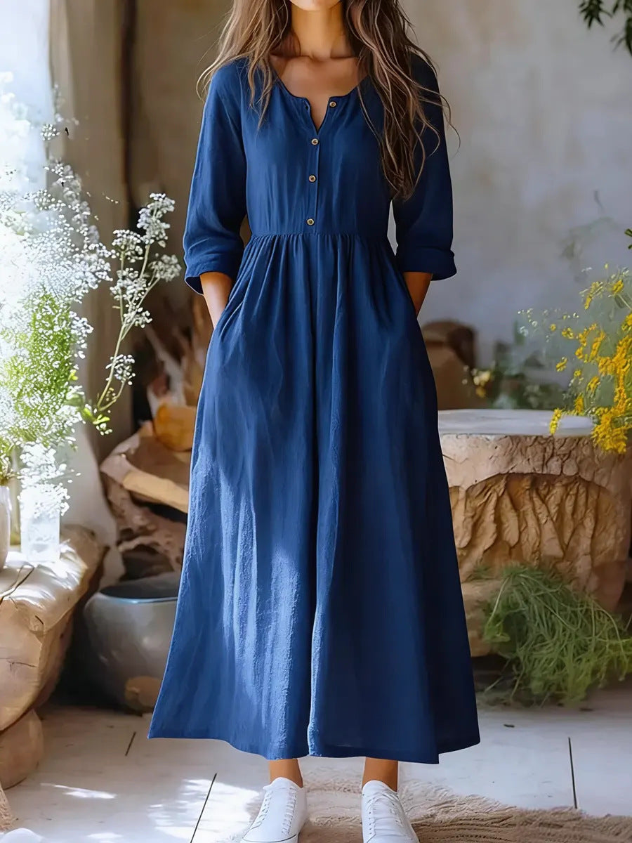 Womens Solid-color Long-sleeve Retro Cotton-linen Dress by Ricaloux