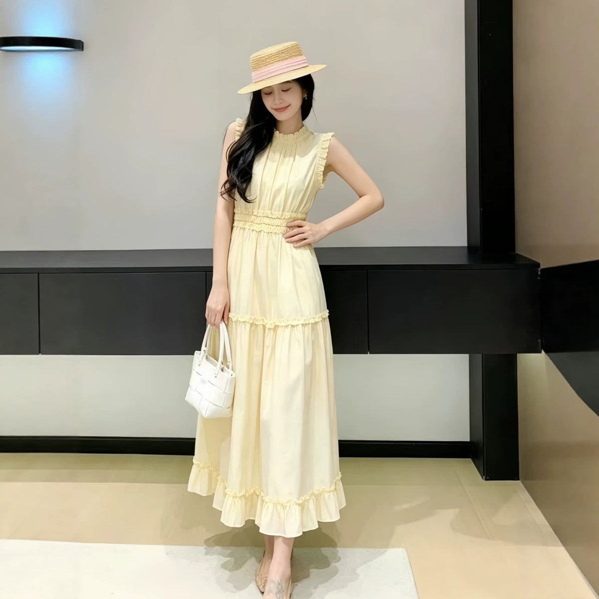 Summer French-style Pale Yellow Womens Sleeveless Dress With Ruffled Trim – Premium 0 | RICALOUX