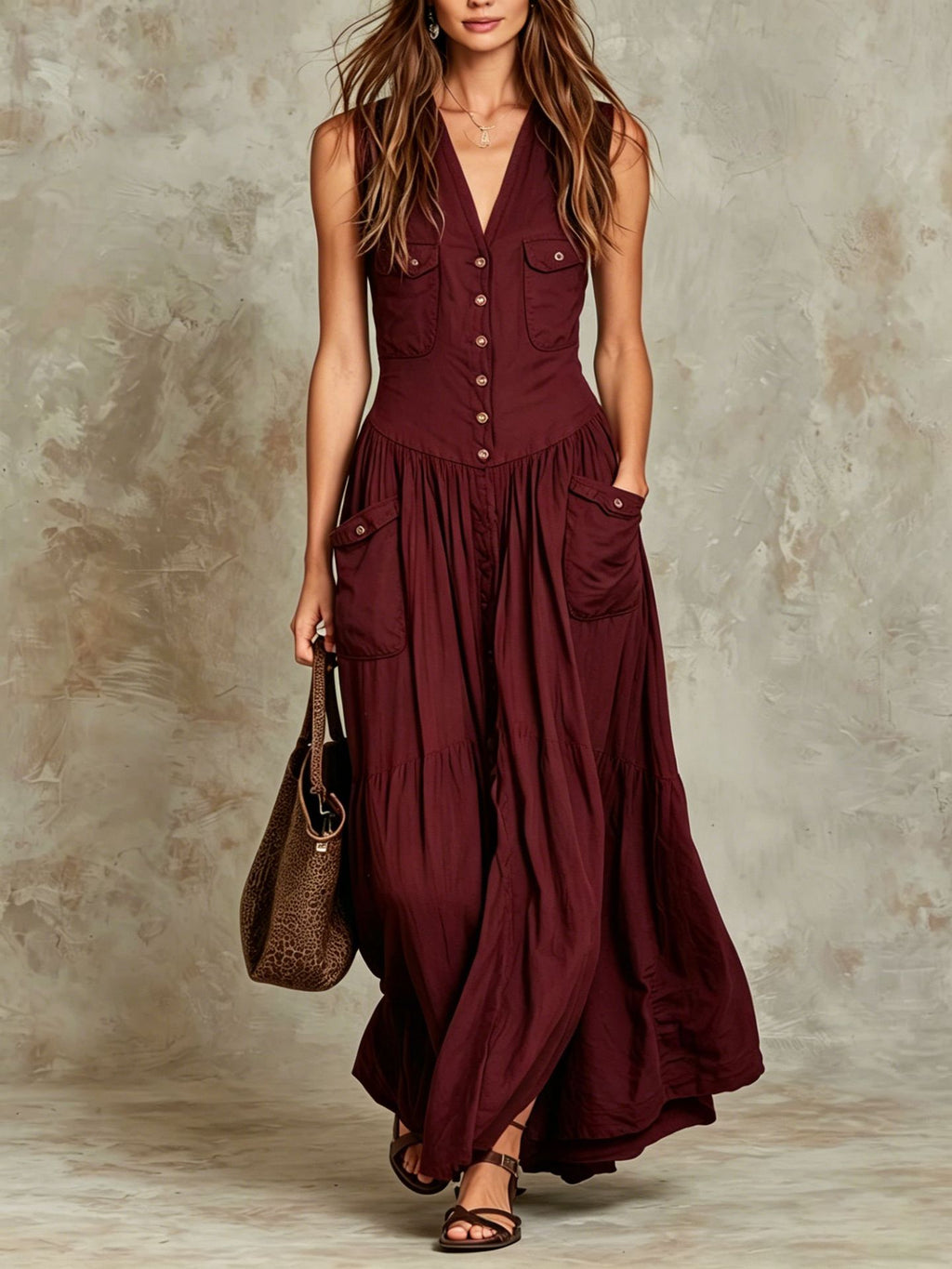 Relaxed-fit Sleeveless Casual V-neck Vintage Dress With Buttons by Ricaloux
