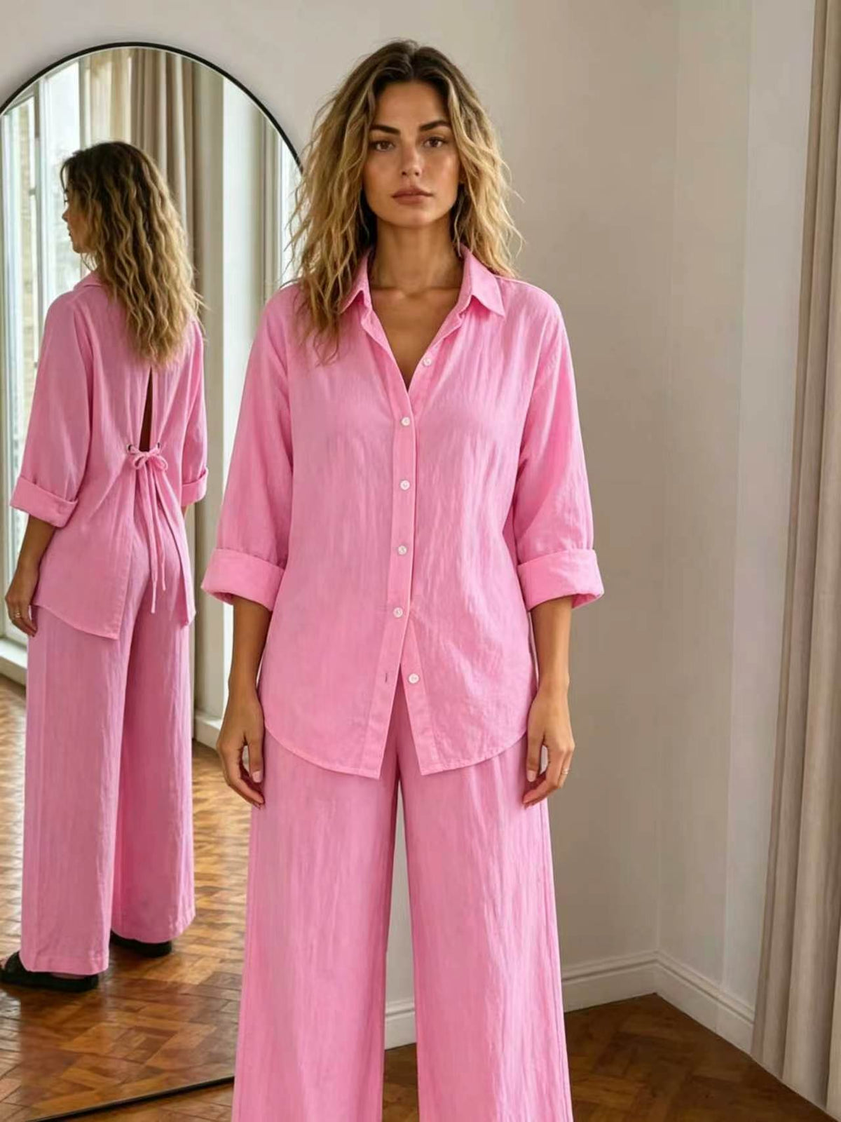 New Casual Solid-Color Trousers Summer Loose Single-Breasted Crepe Shirt Set by Ricaloux