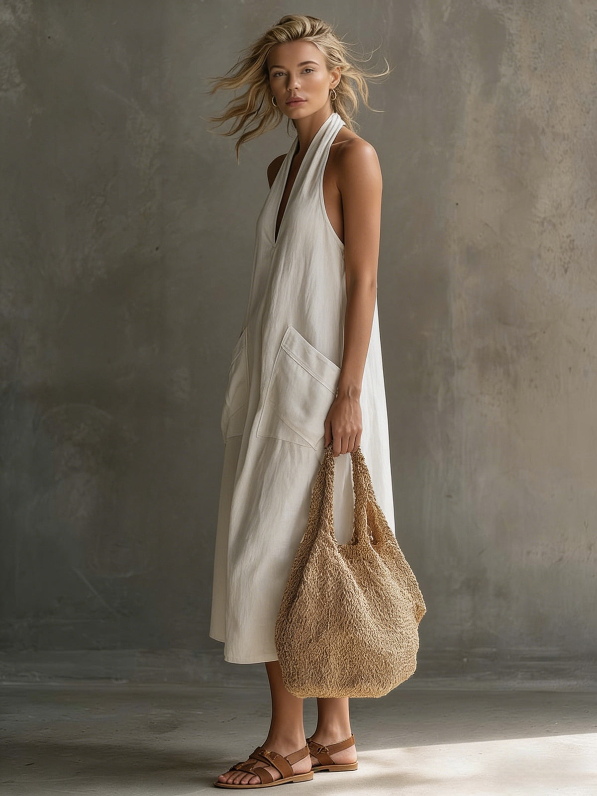 Summer Halter V-Neck Backless Maxi Dress With Large Pockets - Cotton Linen Loose Vacation Dress, Multiple Colors Available For Women by Ricaloux