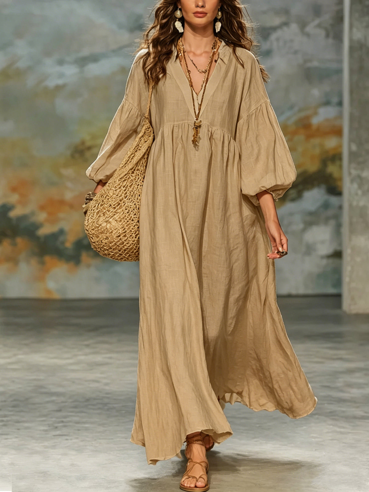 Deep-V Lantern-sleeve Loose-fit Flared Dress by Ricaloux