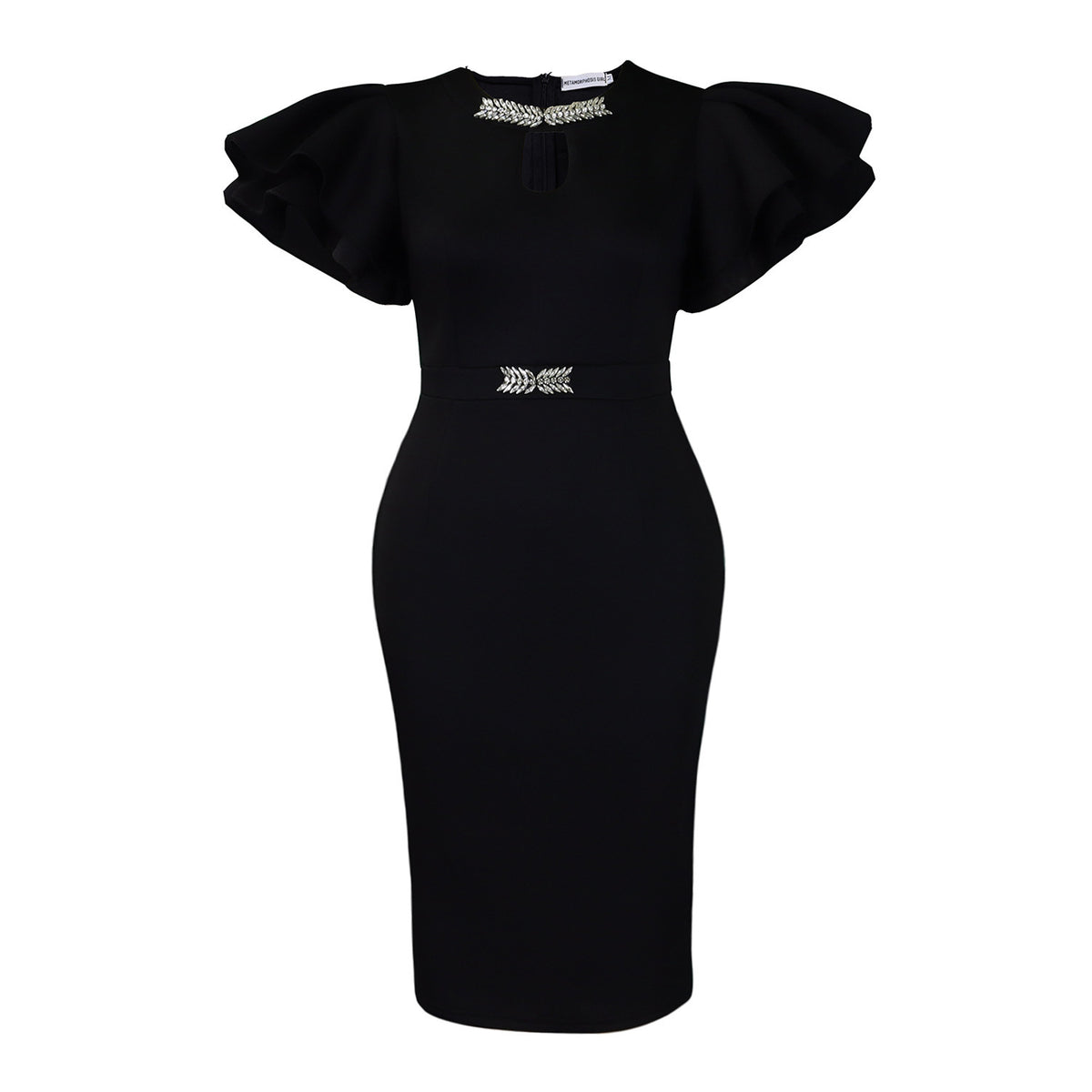 Summer Crew-neck Ruffled-sleeve Rhinestone-embellished Sheath Dress – Premium 0 | RICALOUX
