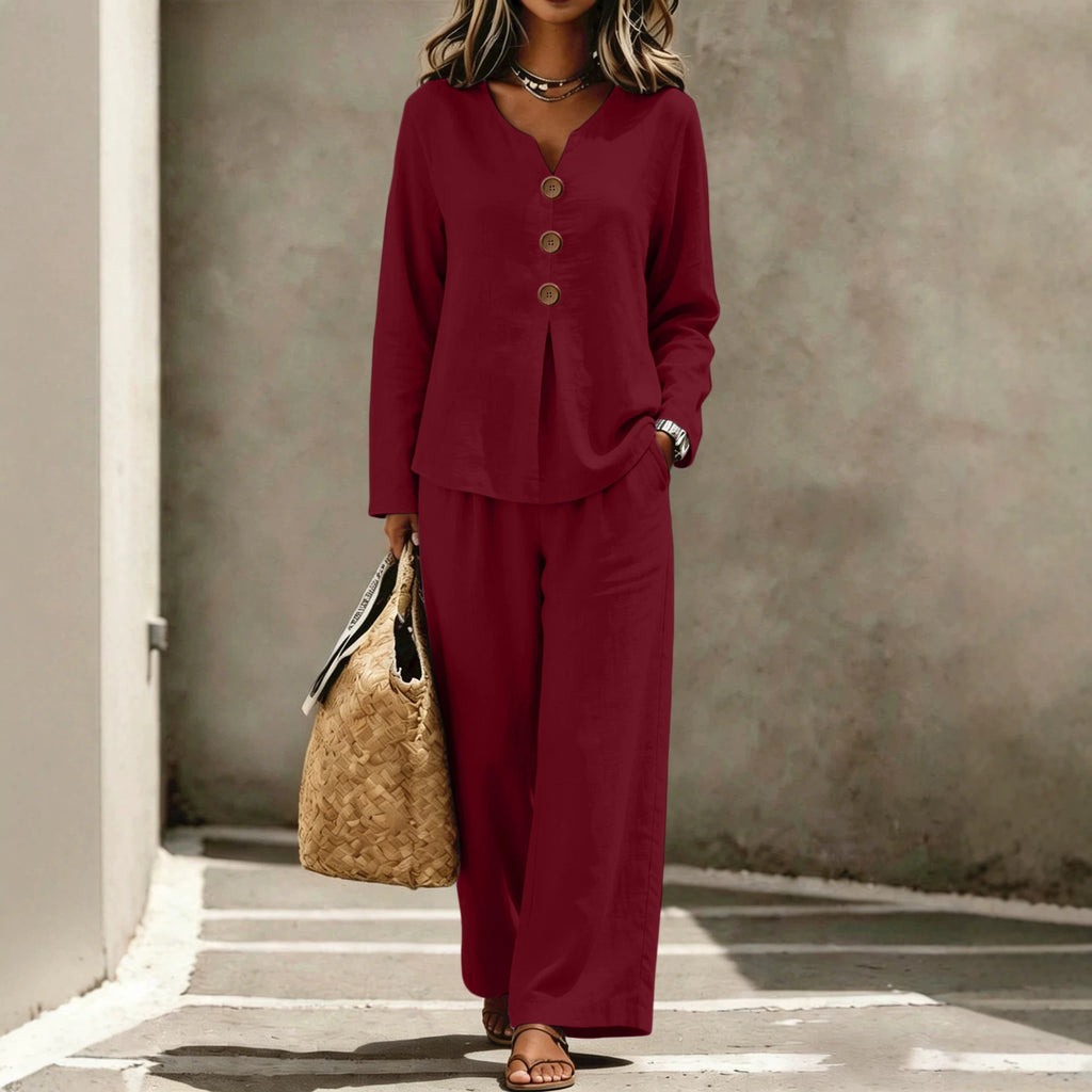 Womens Casual Buttoned V-Neck Long-Sleeve Top And Pants Set – Premium 0 | RICALOUX