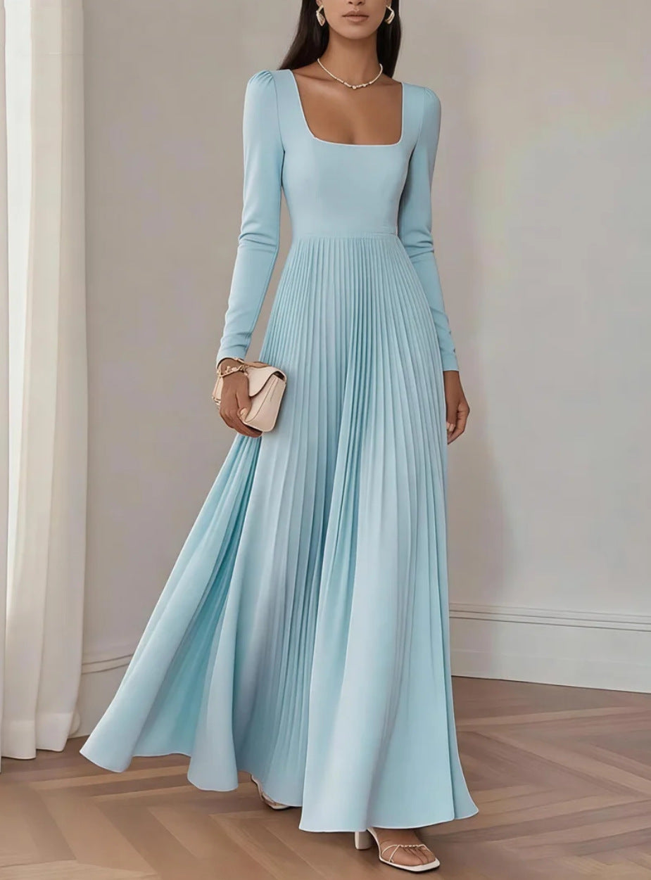 Womens Square-neck Long-sleeve Waist-cinching Pleated Dress – Premium 0 | RICALOUX