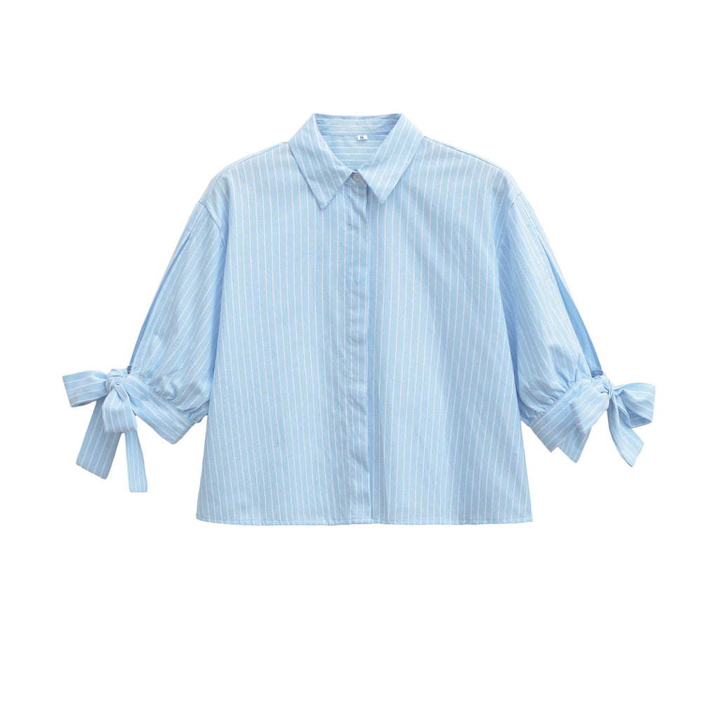 European And American-style Short Striped Blouse With A Bow Detail by Ricaloux