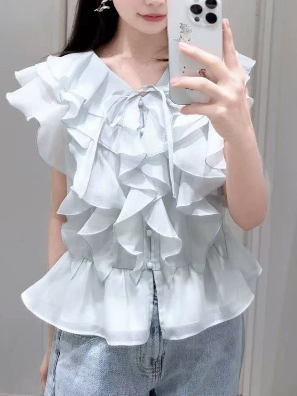 Sweet Petal-Print Ruffled Hem Bow-Tie V-Neck Shirt – Premium 0 | RICALOUX
